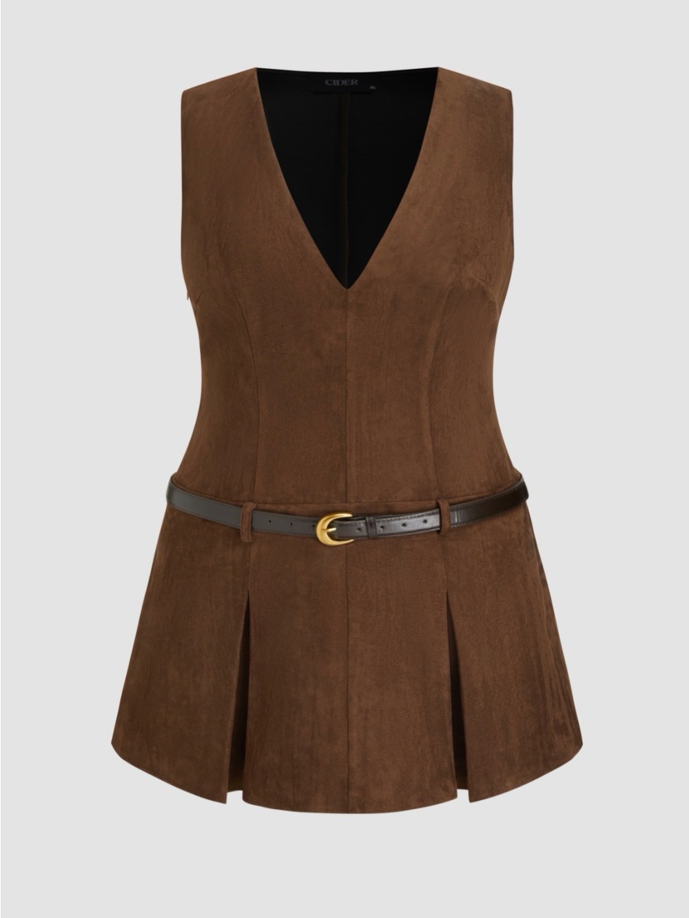 CIDER Faux Suede V-neck Solid Pleated Dress Coffee Brown 0XL